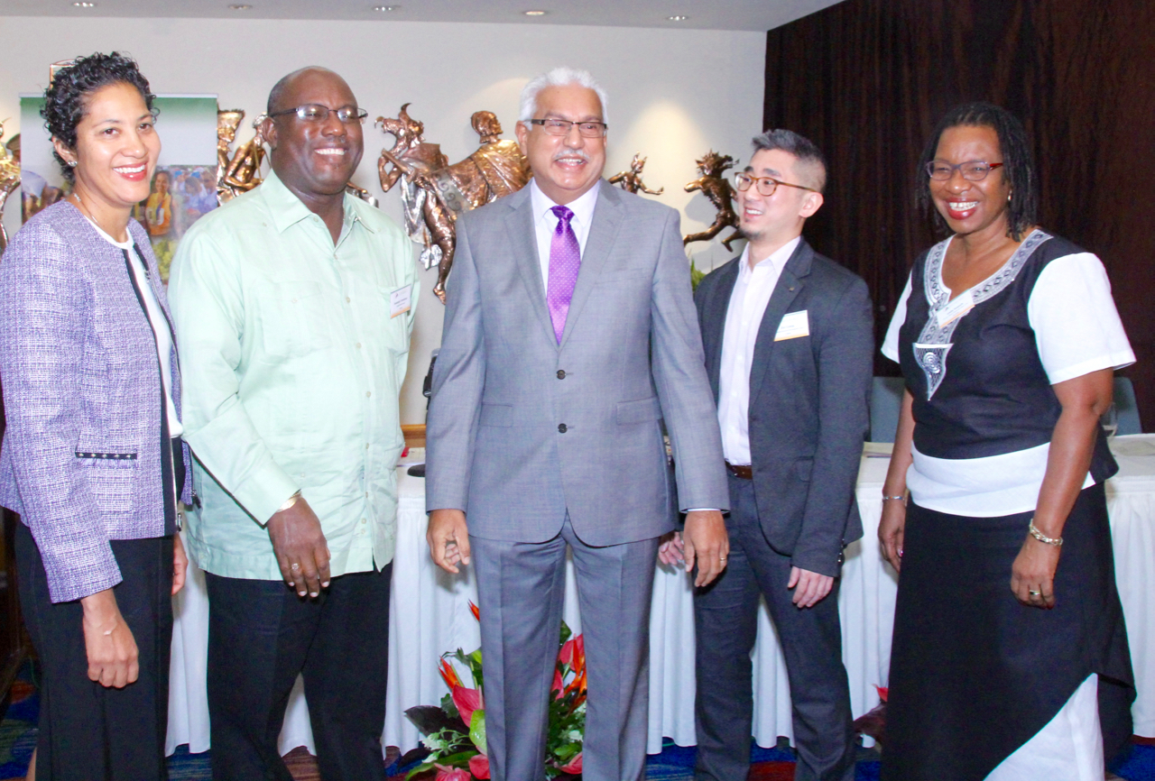 From right to left: Mrs Jessie Schutt-Aine, Subregional Programme Coordinator, PAHO; Dr Rudy Cummings, Programme Manager, Health Desk, CARICOM: Terrence Deyalsingh, Minister of Health, Trinidad and Tobago; Zee Leung, Programme Officer, International Development Research Centre; Dr Alafia Samuels, Director, Chronic Disease Research Centre (Chair)