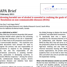 GAPA Brief: Addressing harmful use of alcohol is essential to realising the goals of the UN Resolution on non-communicable diseases (NCDs)