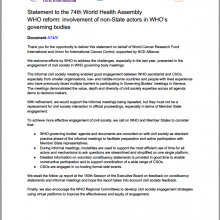 74th WHO World Health Assembly Joint Statement on WHO Reform: Involvement of non-State actors in WHO goverining bodies