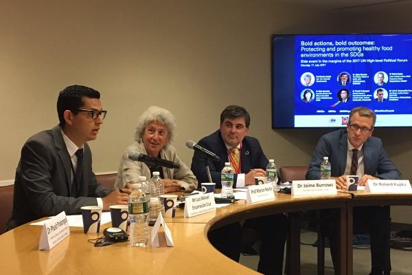 Luis Encarnación Cruz, Marion Nestle, Jaime Burrows & Roland Kupka at a HLPF 2017 side event on healthy food environments and the SDGs 